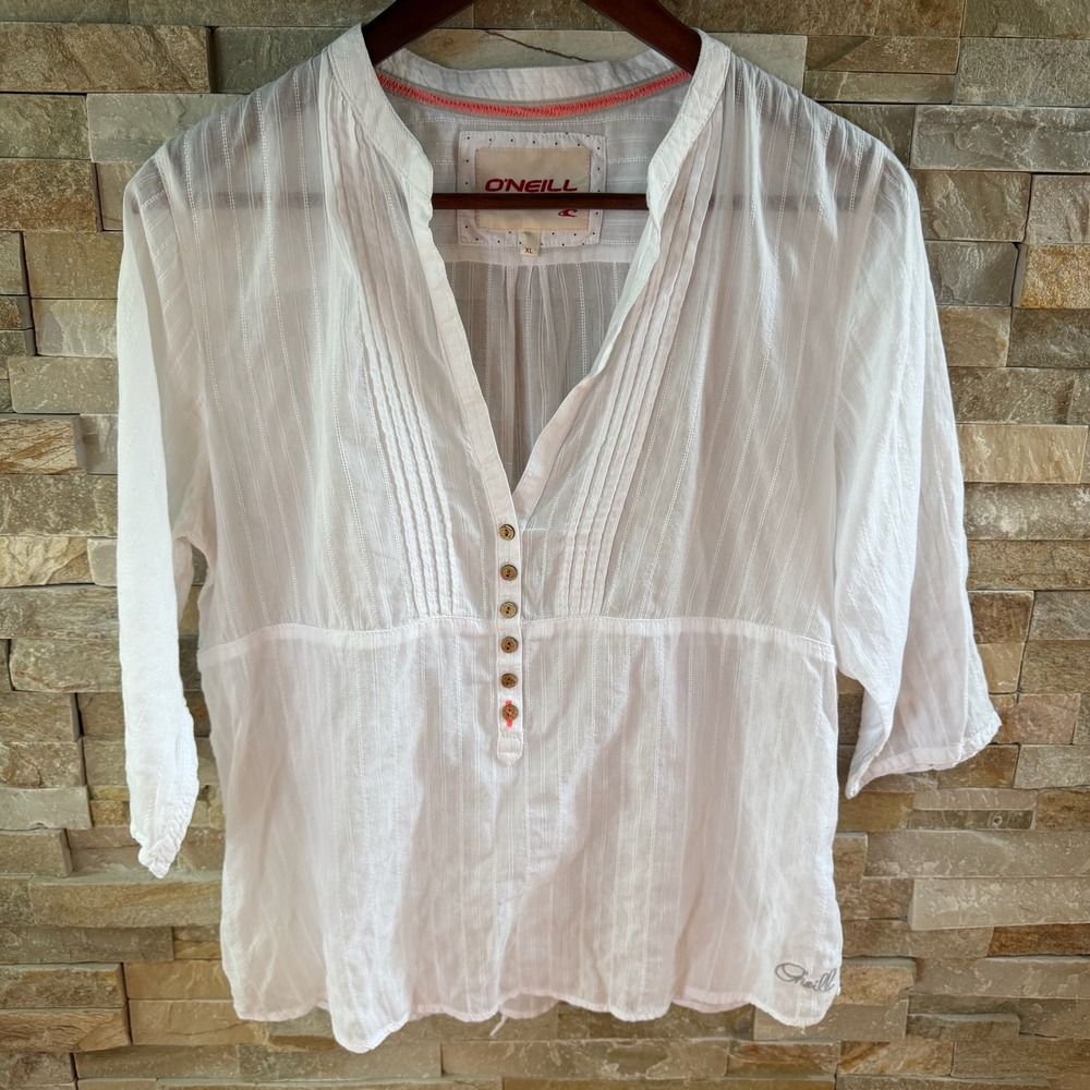 O'Neill Womens XL White Gauze Pintuck V-Neck Peasant Blouse 3/4 Sleeve Boho Top